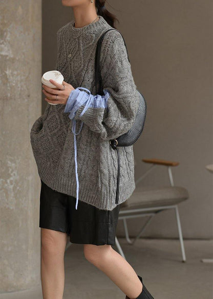 Gray Knitted Blouse O Neck Patchwork Clothes for