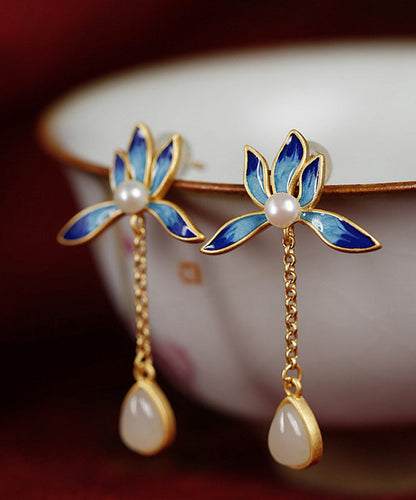 Blue Lotus Inlaid Jade Drop Earrings