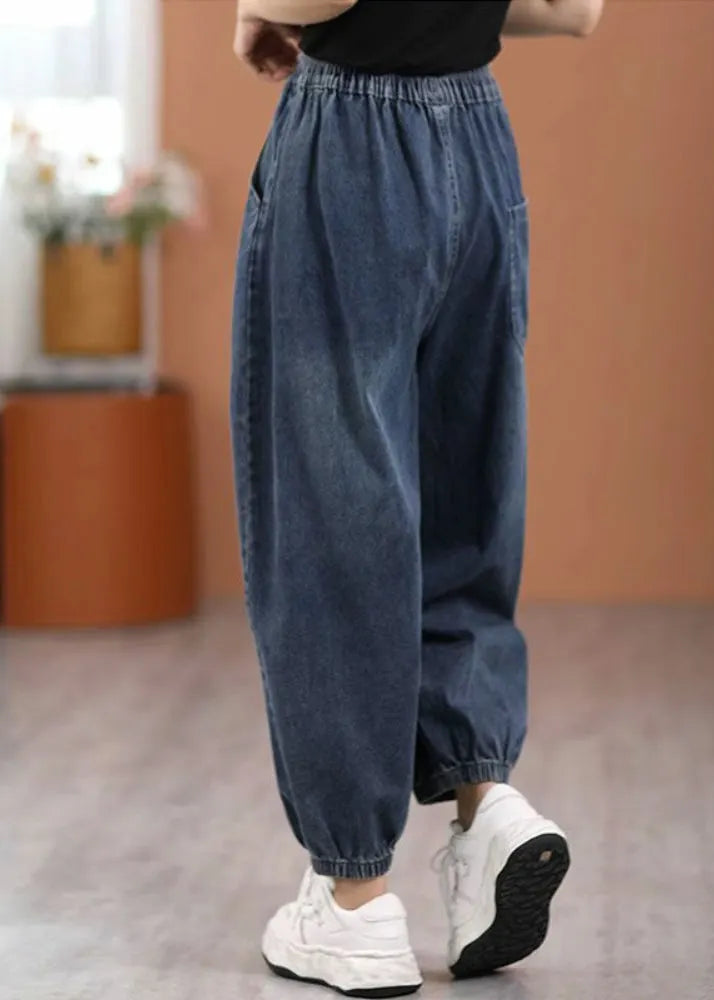 Blue Pockets Elastic Waist Denim Pants Fall