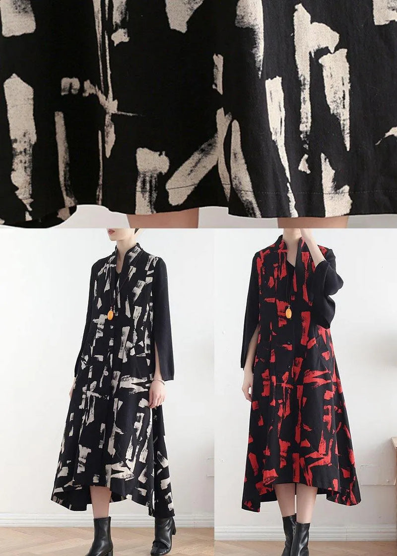 French White Print Pockets Cotton Dress Asymmetrical Design Waistcoat Fall Long Dress