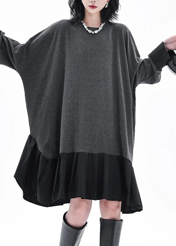 Grey O-neck Patchwork Long Dress Batwing Sleeve