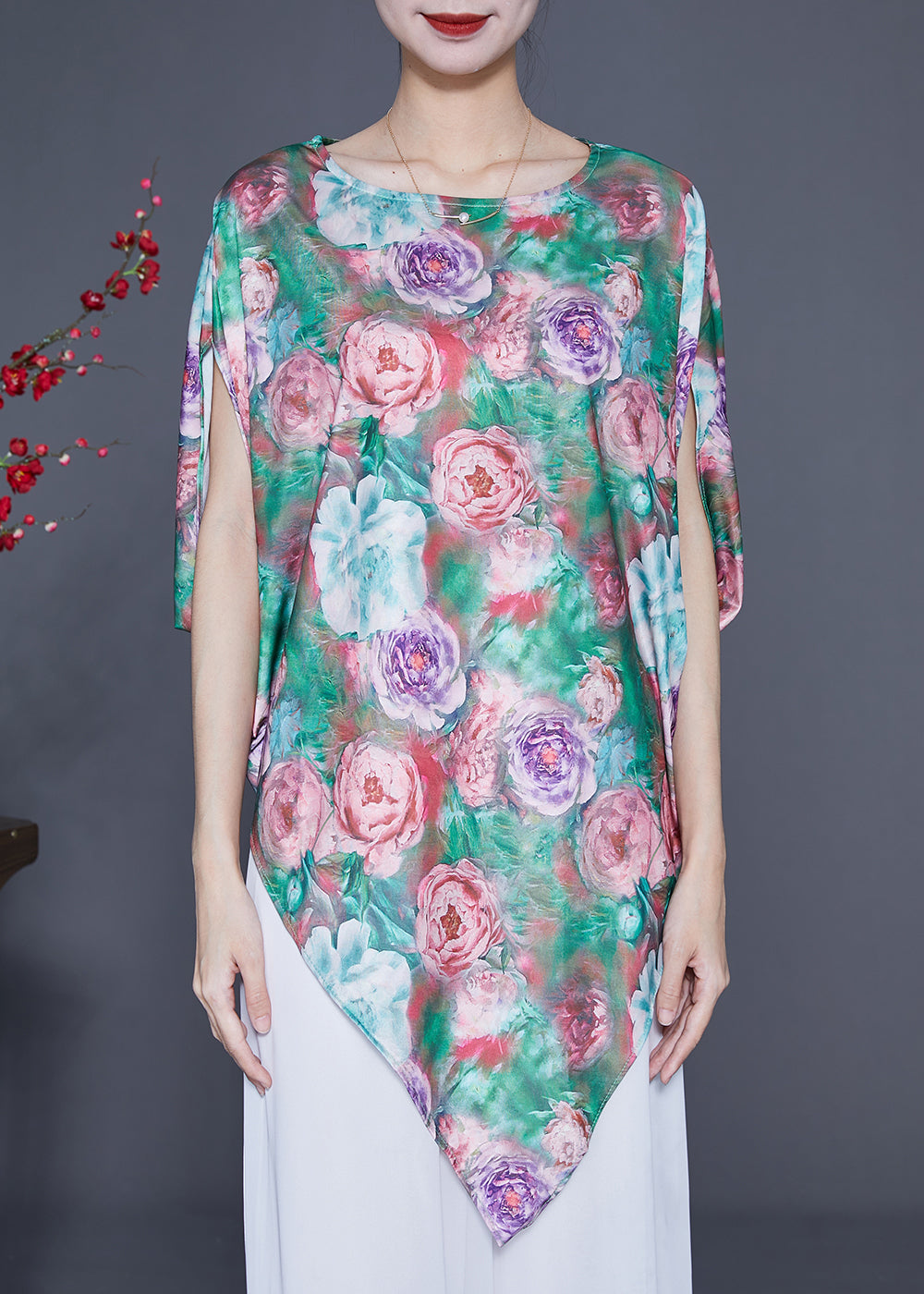 Unique Green Asymmetrical Print Silk Tank Batwing Sleeve