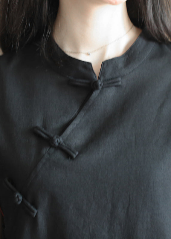 Classy Black Stand Collar Oriental Button Cotton Linen Cheongsam Dresses Short Sleeve