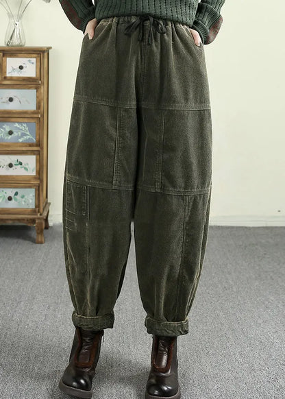 Green Pockets Elastic Waist Corduroy Warm Fleece Pants Spring