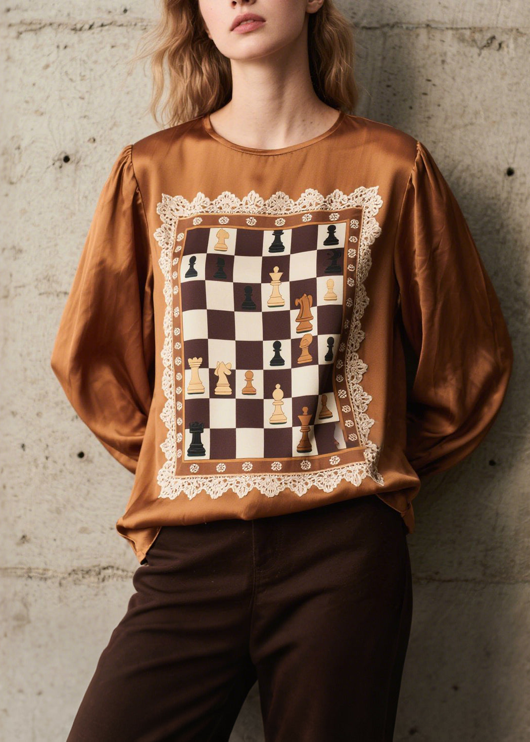 Brown Print Patchwork Silk Shirts Spring