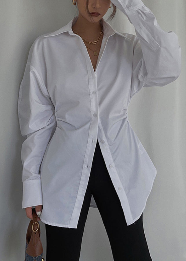 White Cinched Cotton Blouse Tops Spring
