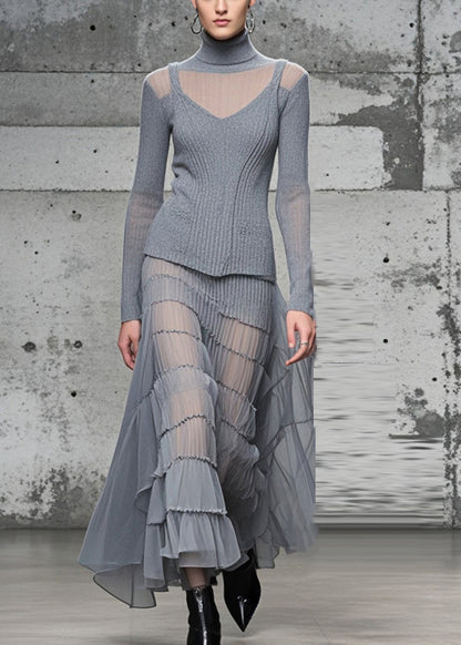 Grey High Neck Patchwork Exra Large Hem Knit Long Dress Fall