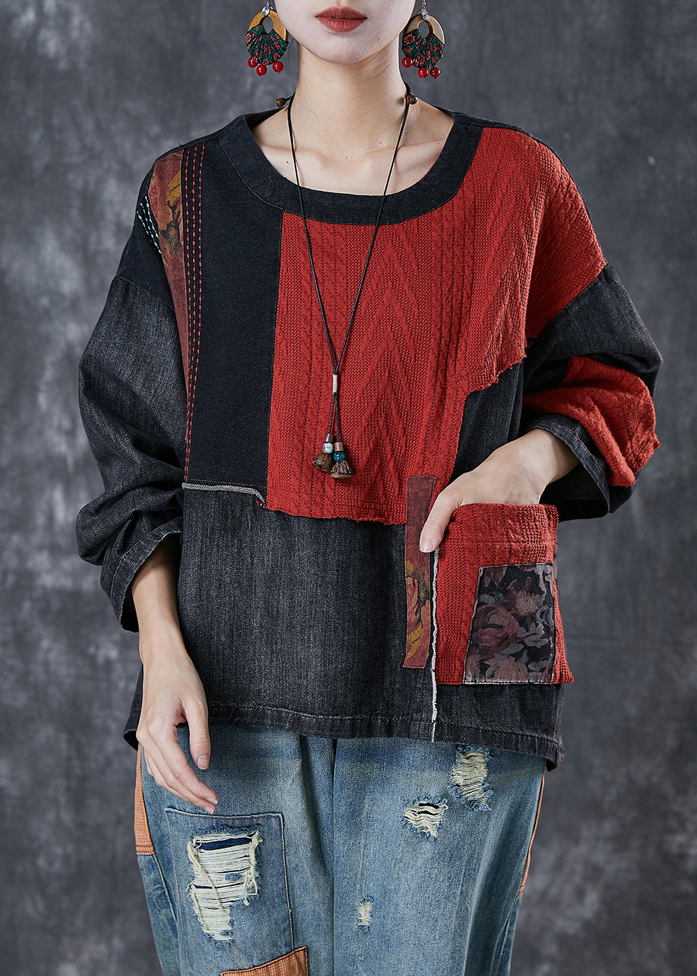 Loose Black Asymmetrical Patchwork Denim Blouse Top Spring