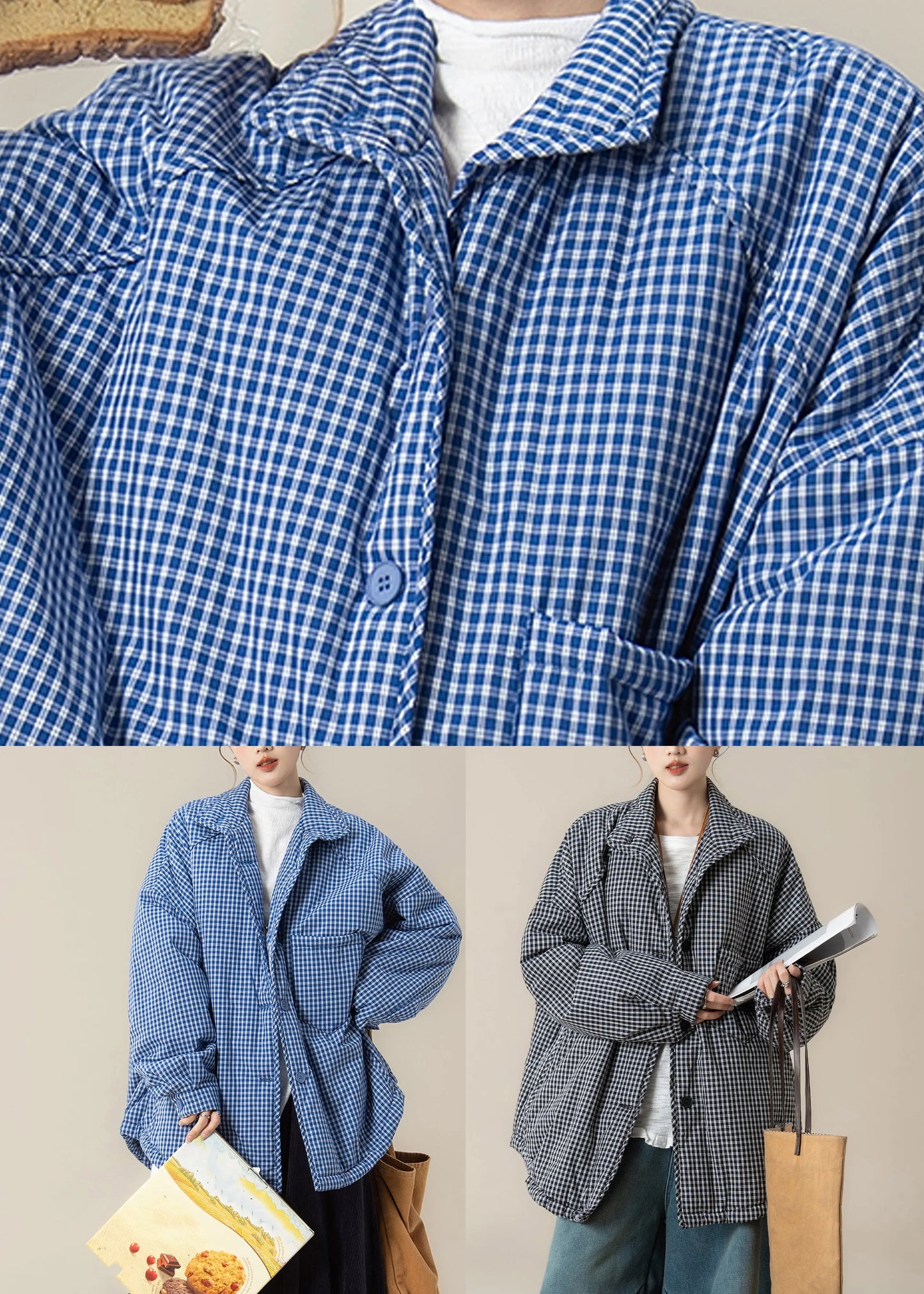 Blue Peter Pan Collar Plaid Down Jackets Winter