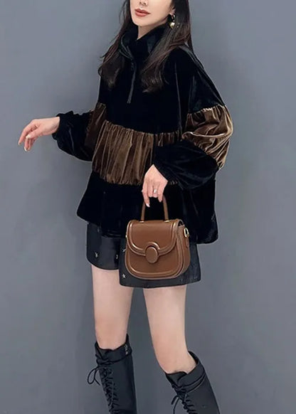 Brown Drawstring Patchwork Silk Velour Top Stand Collar Long Sleeve