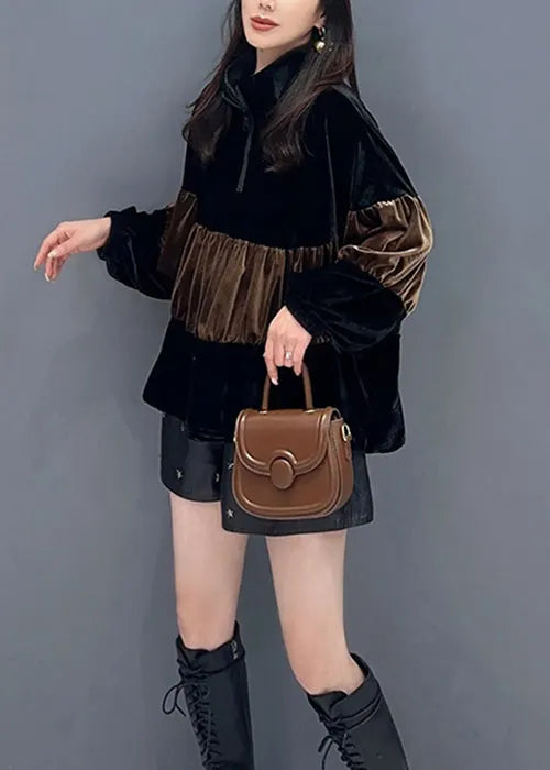 Brown Drawstring Patchwork Silk Velour Top Stand Collar Long Sleeve