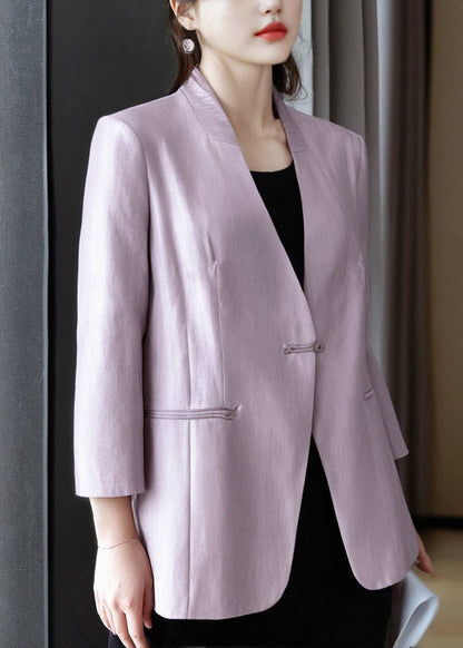 Purple V Neck Button Pockets Cotton Coats Bracelet Sleeve