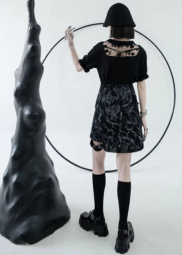 Style Black High Waist Hollow Out Print Cotton Denim a Line Skirts Summer