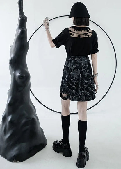 Style Black High Waist Hollow Out Print Cotton Denim a Line Skirts Summer