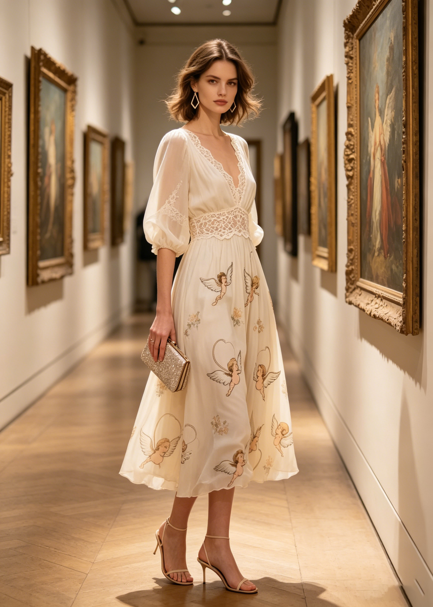 Apricot Print Lace Patchwork Chiffon Dress Summer