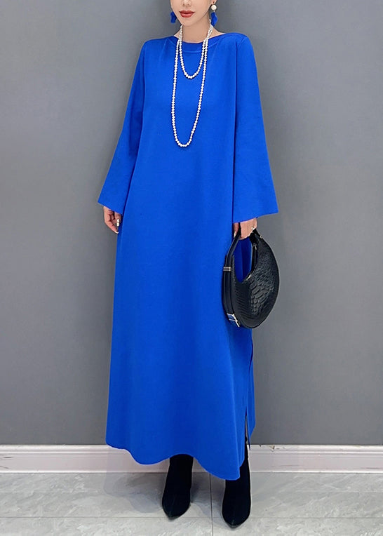 Royal Blue O Neck Side Open Cotton Long Dresses Flare Sleeve