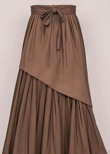 Loose Coffee Lace Up Wrinkled Cotton Skirt Summer