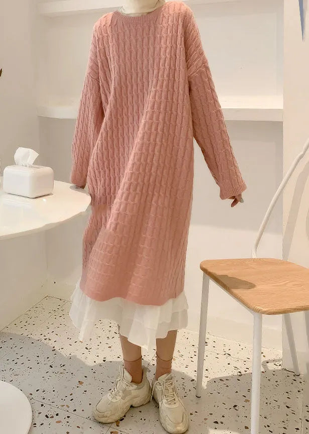 Style Pink O-neck Cozy Cotton Knit Sweater Dress Fall