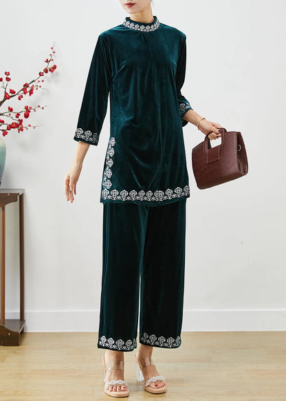 Peacock Green Embroideried Silk Velour Two Piece Set Bracelet Sleeve