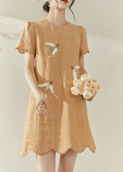 New Orange O-neck Embroidered Ruffled Mid Dress Summer