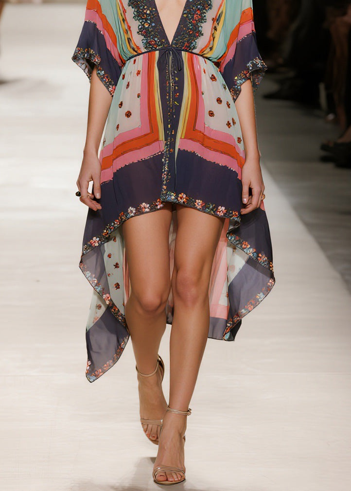 V Neck Print Low High Design Chiffon Dress Summer