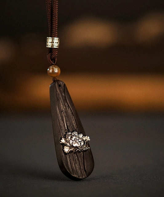 Fine Black Hand Knitting Peony Water Drop Pendant Necklace