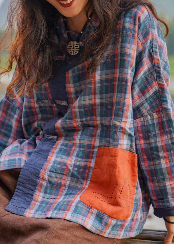 Retro Plaid Patchwork Button Pockets Fall Shirt Top