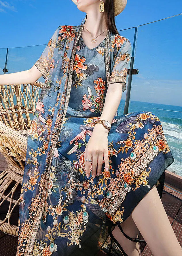 Fine Blue V Neck Print Silk Fake Two Piece Vacation Dresses Short Sleeve