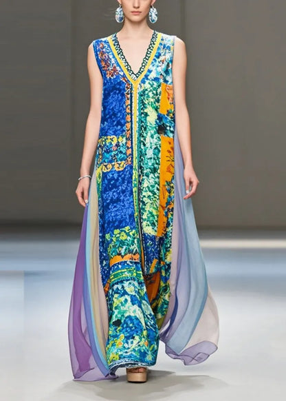 Modern Blue V Neck Patchwork Print Chiffon Robe Dresses Sleeveless Summer