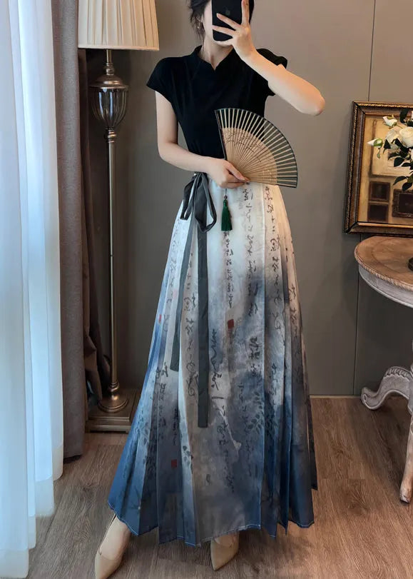 Art Blue Tie Dye Wrinkled Satin Chinese Style Skirts Summer