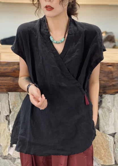 Simple Black V Neck Tie Waist Tassel Top Short Sleeve