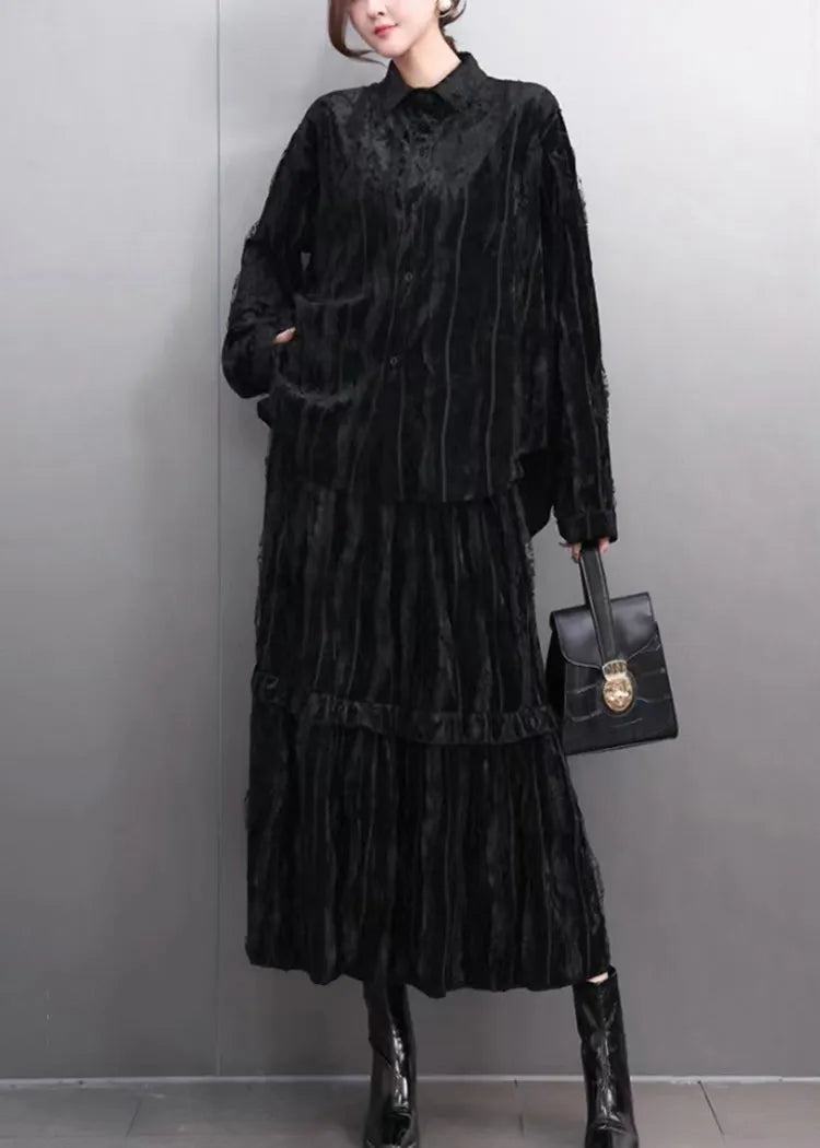 Fine Black Ruffled Wrinkled Shirt and Maxi Skirts Two Pieces Set Spring