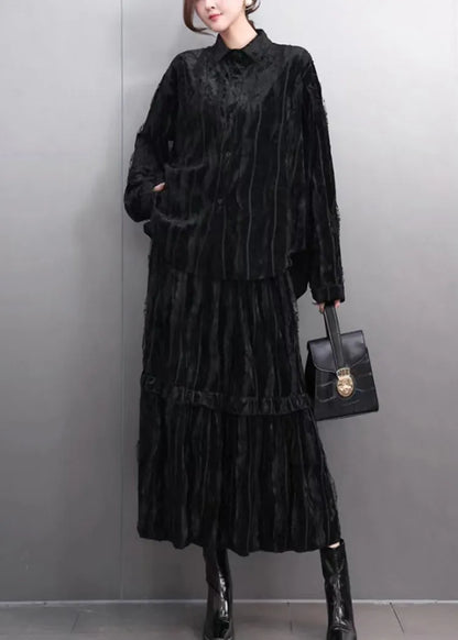 Fine Black Ruffled Wrinkled Shirt and Maxi Skirts Two Pieces Set Spring