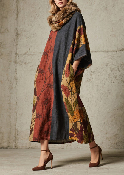 Colorblock Print Pockets Cotton Long Dress Fall