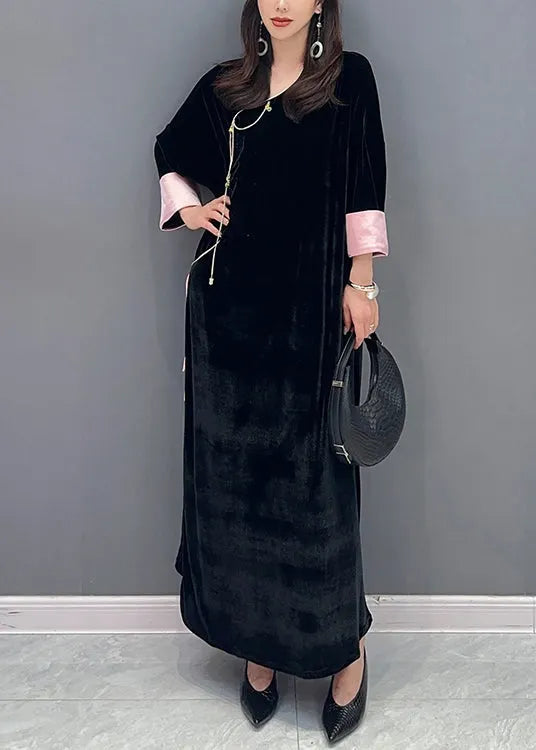 Black Lace Up Side Open Patchwork Velour Long Dress Fall
