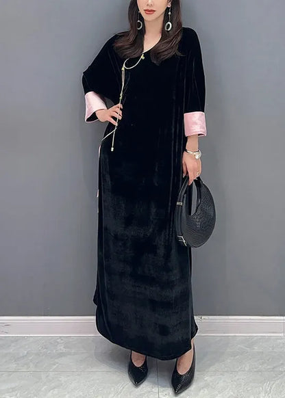 Black Lace Up Side Open Patchwork Velour Long Dress Fall