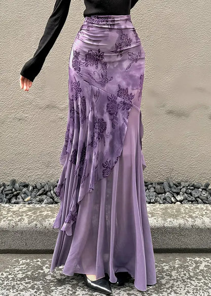 Slim Fit Purple Asymmetrical Patchwork Tulle Skirt Summer