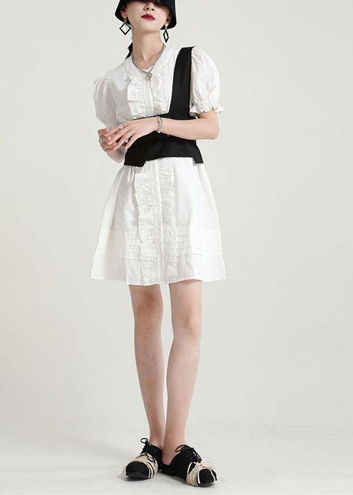 Modern White Puff Sleeve Button Summer Ruffled Dress Short Sleeve
