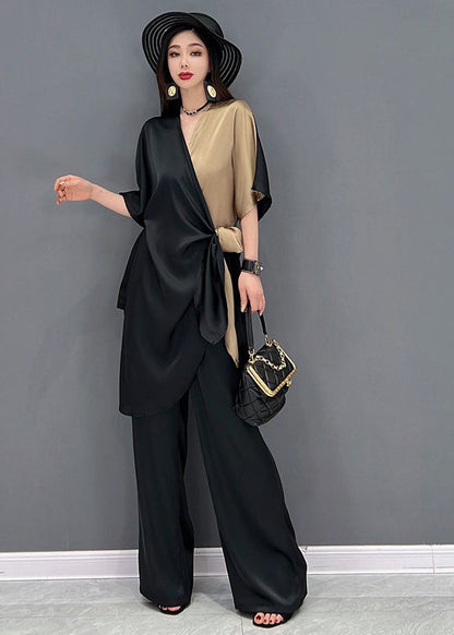 Black Khaki V Neck Asymmetrical Design Patchwork Chiffon Two Piece Suit Set Summer