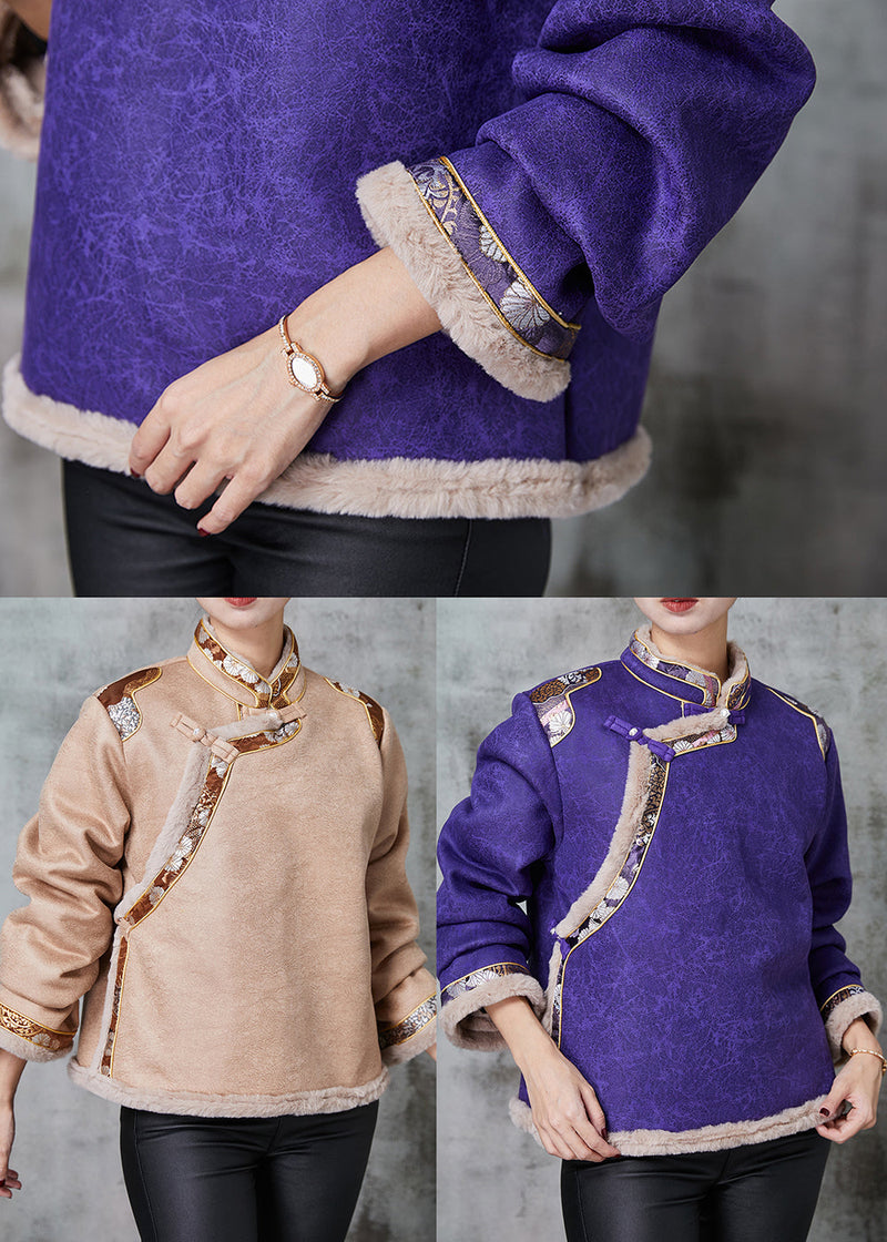 Khaki Chinese Button Patchwork Warm Fleece Coats Spring