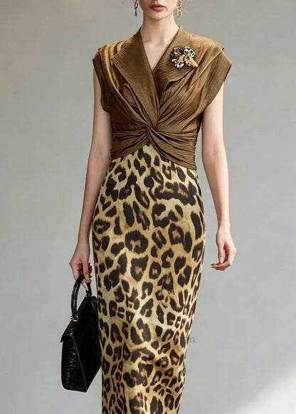 Unique Coffee Leopard Patchwork False Two Pieces Dress Summer
