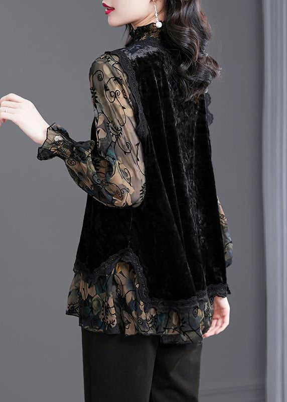 Black Ruffled Print Patchwork Silk Velour Tops Fall