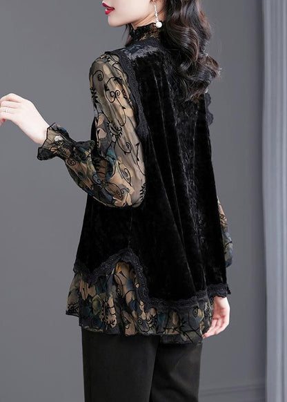Black Ruffled Print Patchwork Silk Velour Tops Fall