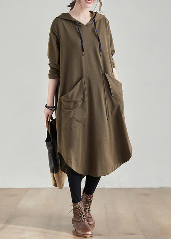 Khaki Hooded Pockets Patchwork Cotton Dress Fall