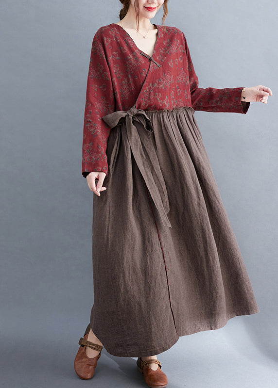 V Neck Tie Waist Ruffled Patchwork Print Linen Dress Long Sleeve