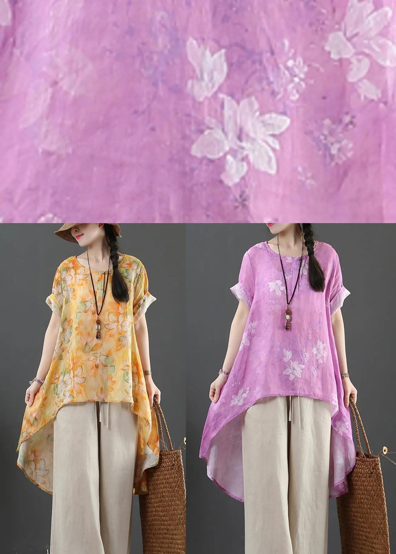 Yellow Print Linen Low High Design Shirt Summer