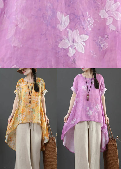Yellow Print Linen Low High Design Shirt Summer