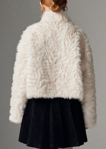 New White Stand Collar Leather Zippered Cinched and Fur Coats Winte