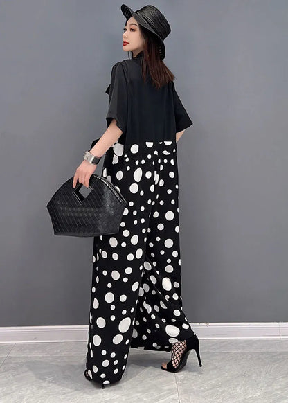 Black Peter Pan Collar Dot Print Draping Chiffon Jumpsuits Short Sleeve