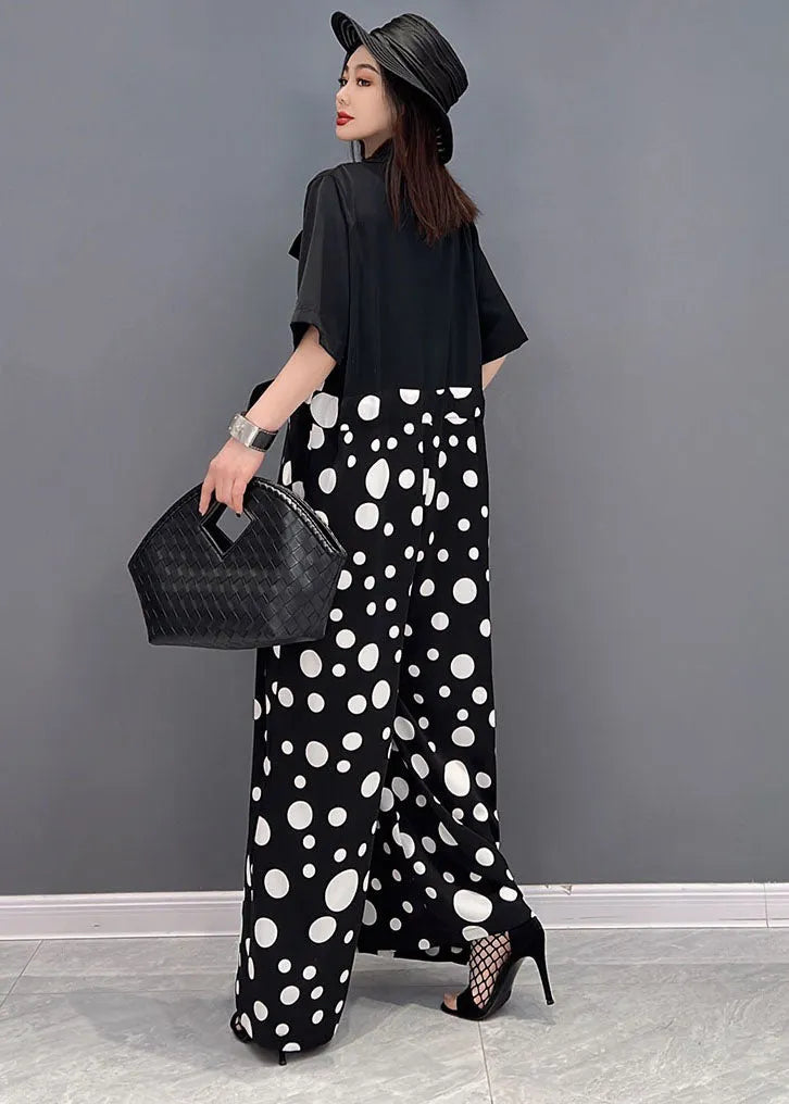 Black Peter Pan Collar Dot Print Draping Chiffon Jumpsuits Short Sleeve